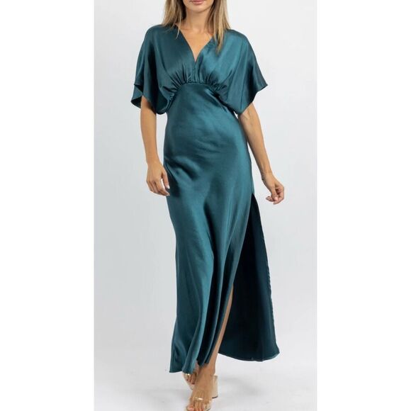 Dress Forum Womens Bat Wing Sleeve Satin Maxi Dress Deep Jasper Size Medium NWT - Picture 1 of 12
